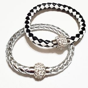 2 Leather Bracelets Bundle Woven Pattern Magnetic Clasp Clear Crystal